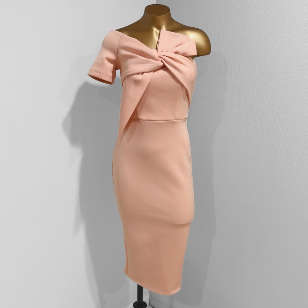 ASOS Design Peach/Pink Bow One Shoulder Scuba Formal Midi Dress Size 2 - Picture 2 of 7